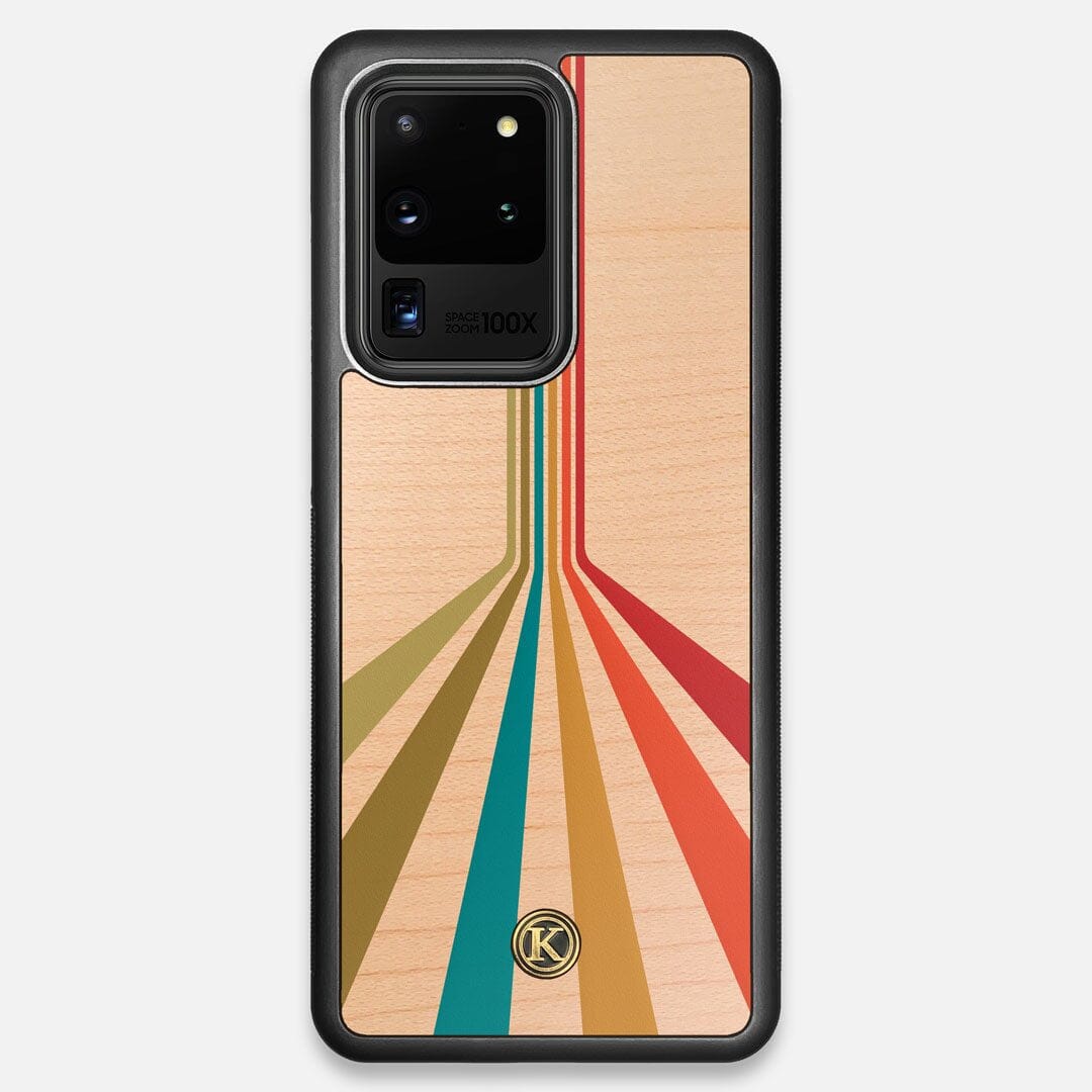 Front view of the array of colour beams splitting across the case printed on Maple wood Galaxy S20 Ultra Case by Keyway Designs