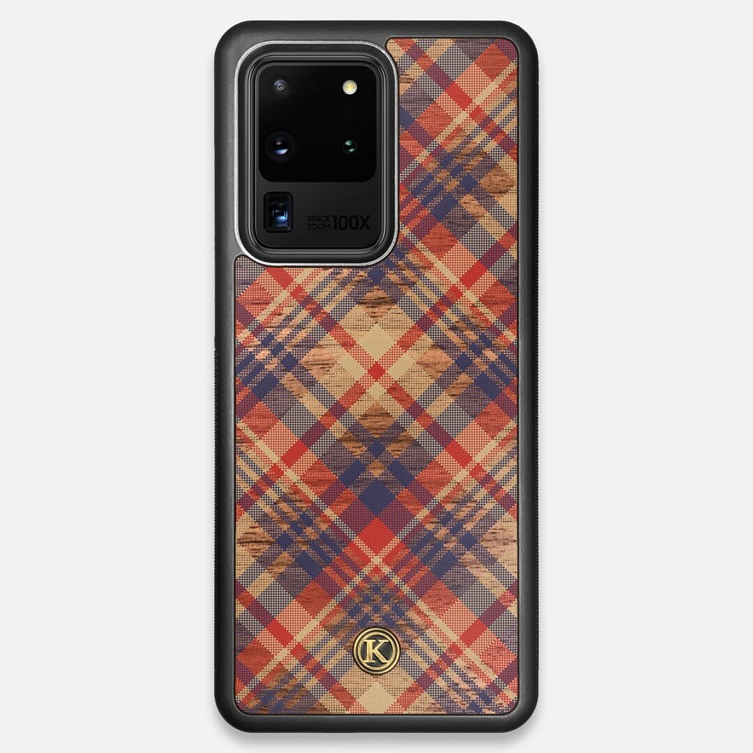 Front view of the Tartan print of beige, blue, and red on Walnut wood Galaxy S20 Ultra Case by Keyway Designs