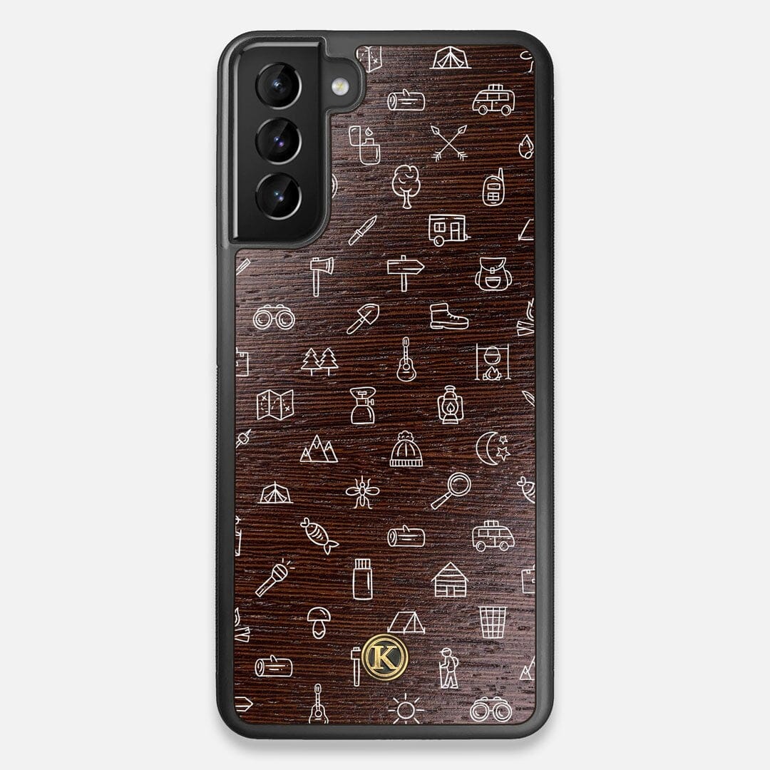 Front view of the fun detailed camping icon print on Wenge wood Galaxy S21+ Case by Keyway Designs