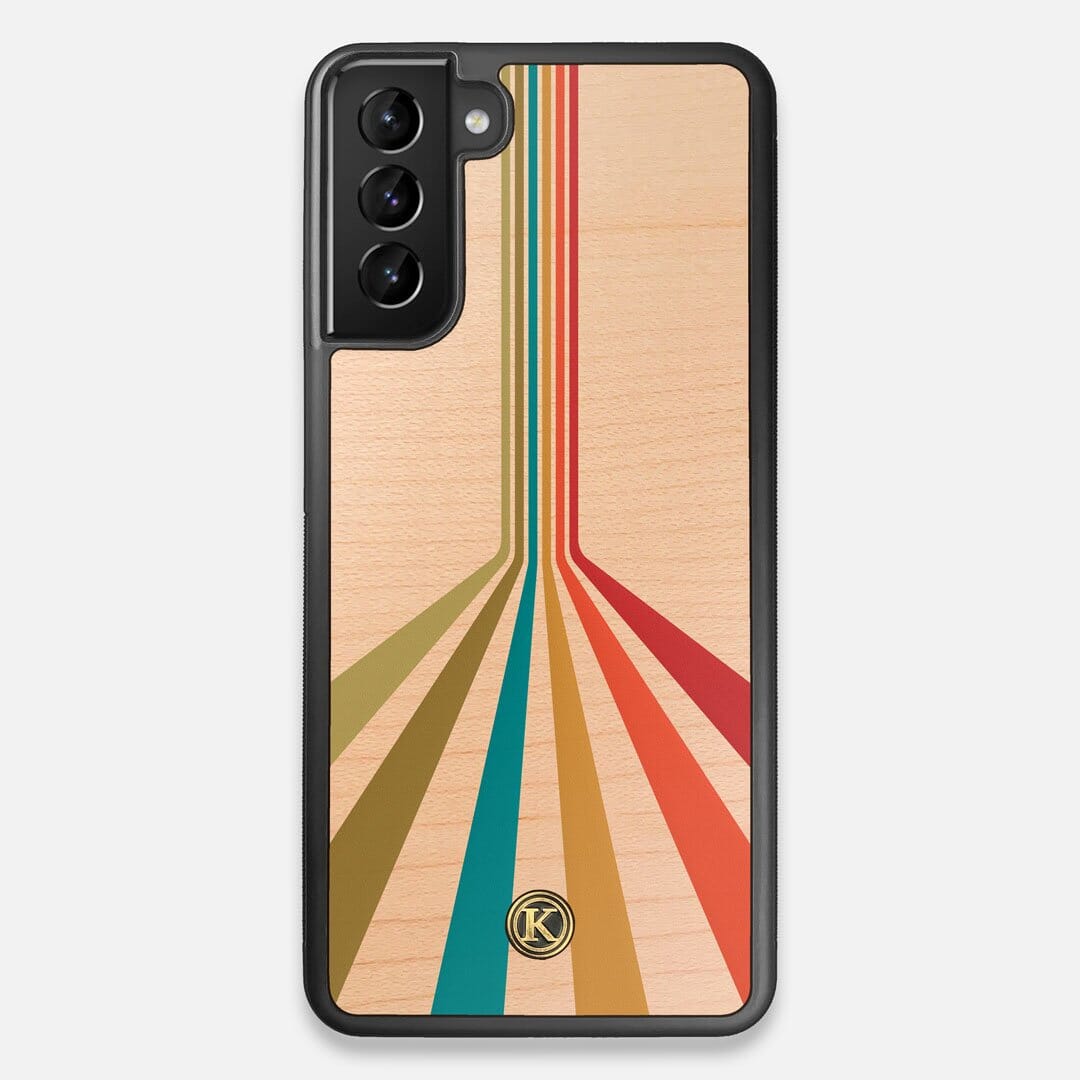 Front view of the array of colour beams splitting across the case printed on Maple wood Galaxy S21+ Case by Keyway Designs