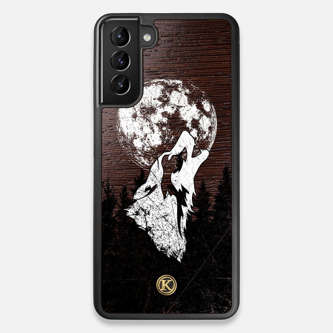 Front view of the high-contrast howling wolf on a full moon printed on a Wenge Wood Galaxy S21 Plus Case by Keyway Designs