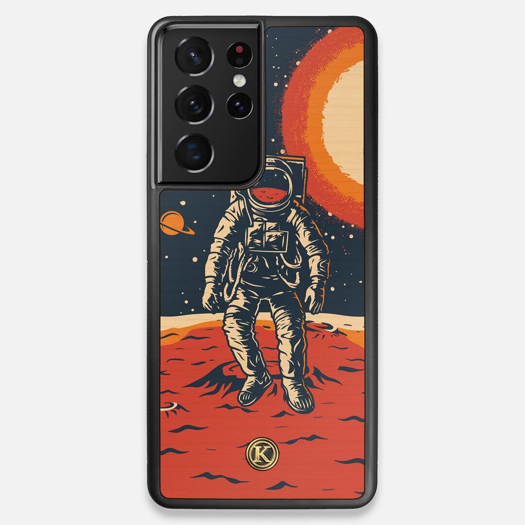 Front view of the stylized astronaut space-walk print on Cherry wood Galaxy S21 Ultra Case by Keyway Designs