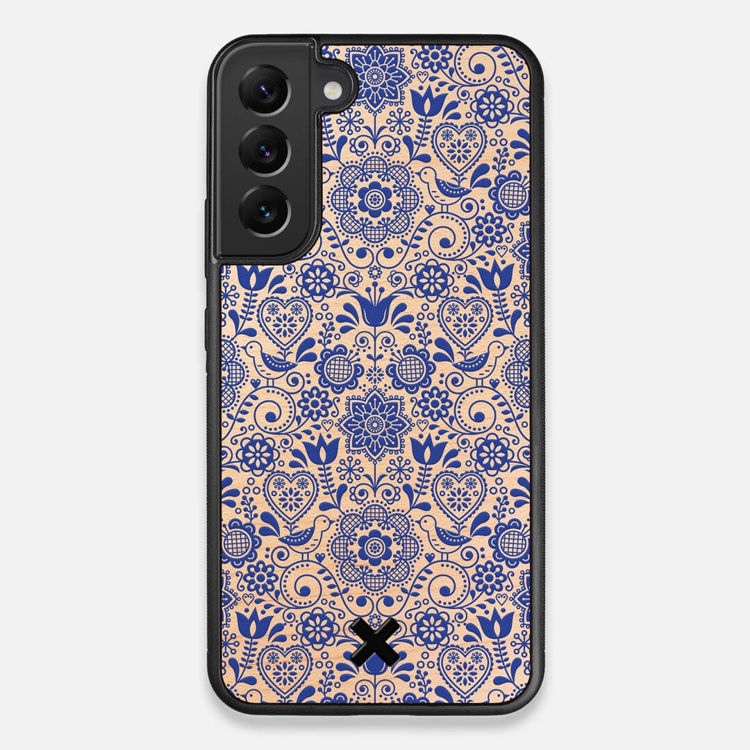 Front view of the blue floral pattern on maple wood Galaxy S22+ Case by Keyway Designs