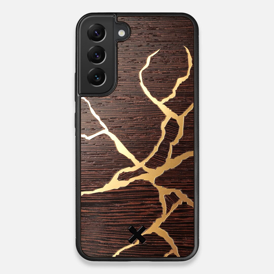 Front view of the Kintsugi inspired Gold and Wenge Wood Galaxy S22 Plus Case by Keyway Designs