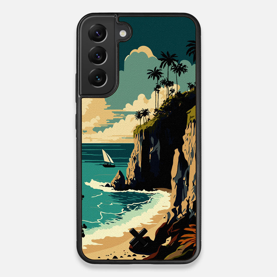 Front view of the stylized seaside bluff with the ocean waves crashing on the shore printed on cotton canvas Galaxy S22+ Case by Keyway Designs