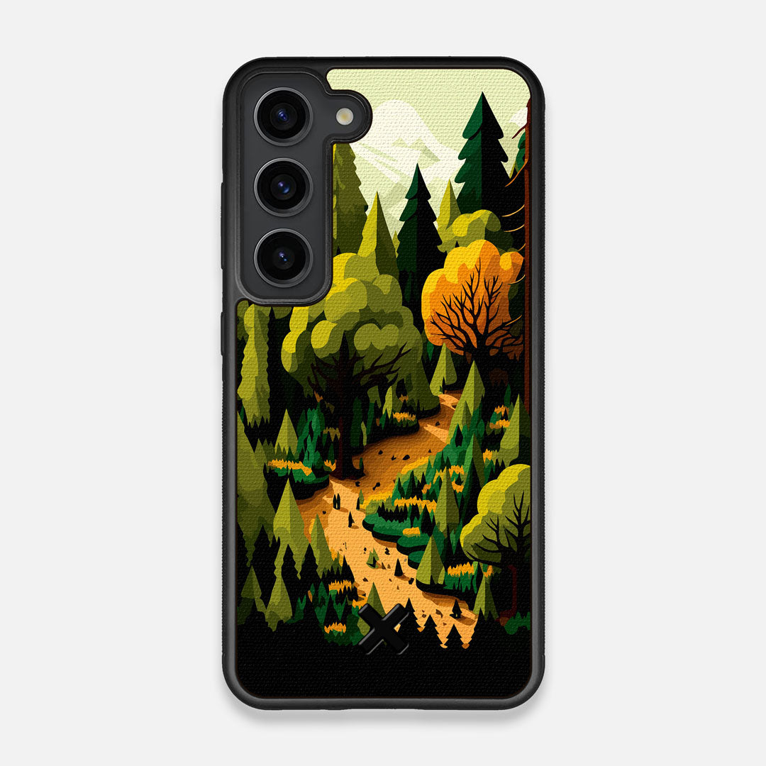 Front view of the stylized quiet forest path making it's way through the evergreen trees printed to cotton canvas Galaxy S23 Case by Keyway Designs