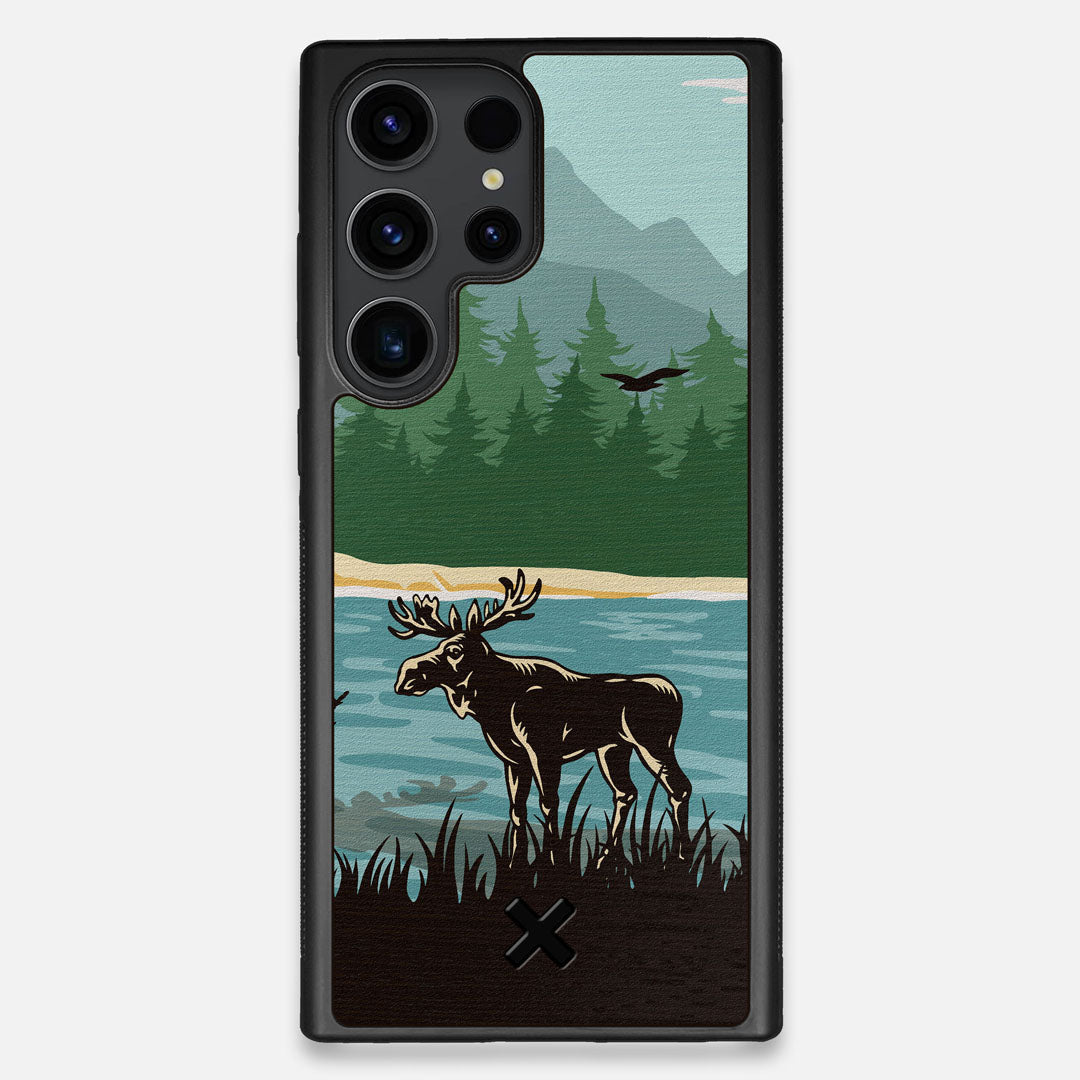 Front view of the stylized bull moose forest print on Wenge wood Galaxy S23 Ultra Case by Keyway Designs