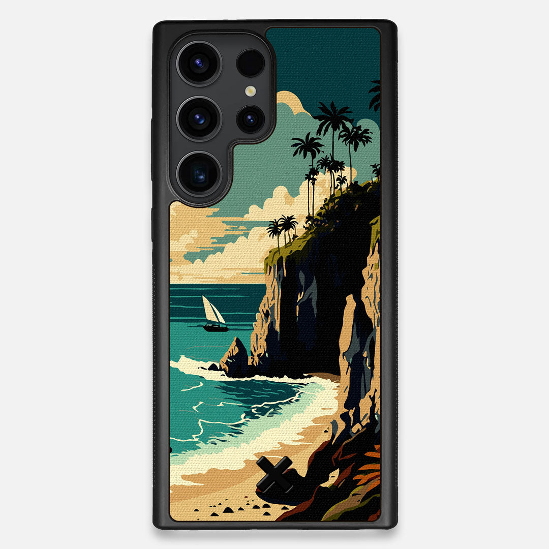 Front view of the stylized seaside bluff with the ocean waves crashing on the shore printed on cotton canvas Galaxy S23 Ultra Case by Keyway Designs