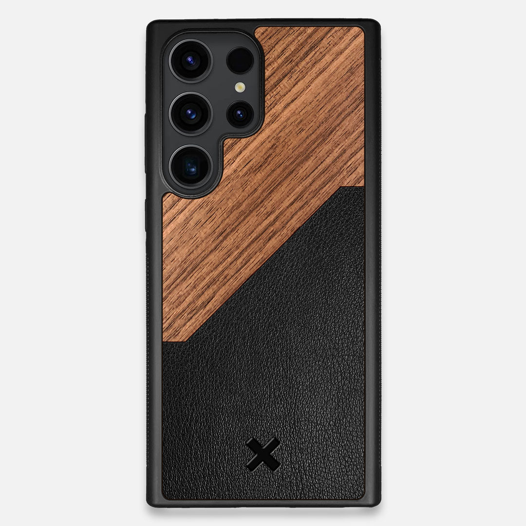 Front view of the Walnut Rift Elegant Wood & Leather Galaxy S23 Ultra Case by Keyway Designs