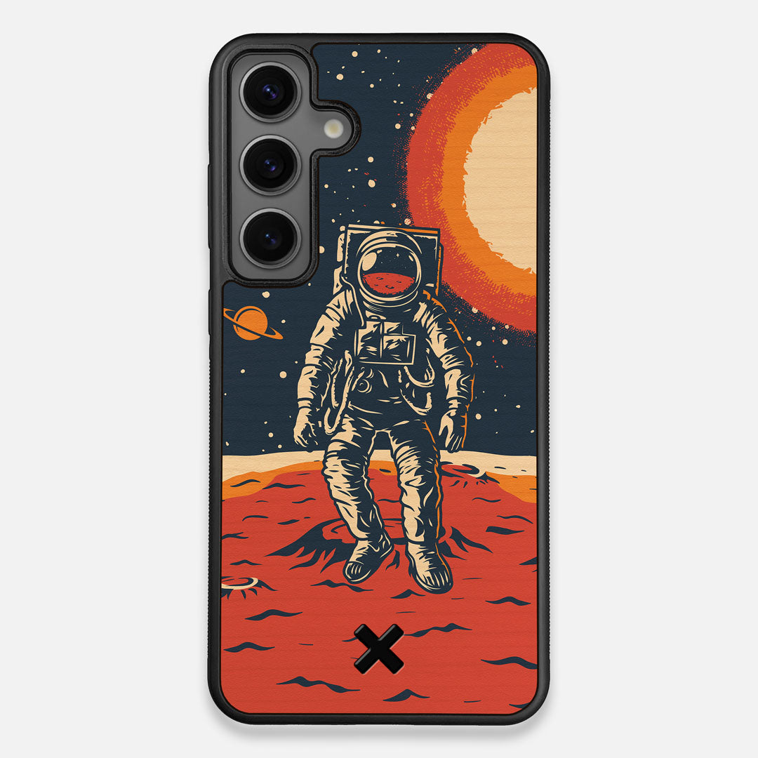 Front view of the stylized astronaut space-walk print on Cherry wood Galaxy S24+ Case by Keyway Designs