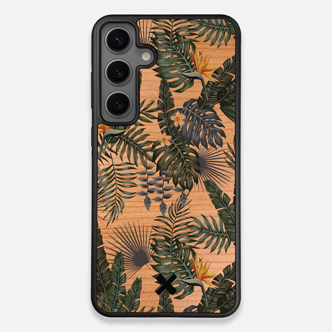 Front view of the Floral tropical leaf printed Cherry Wood Galaxy S24+ Case by Keyway Designs