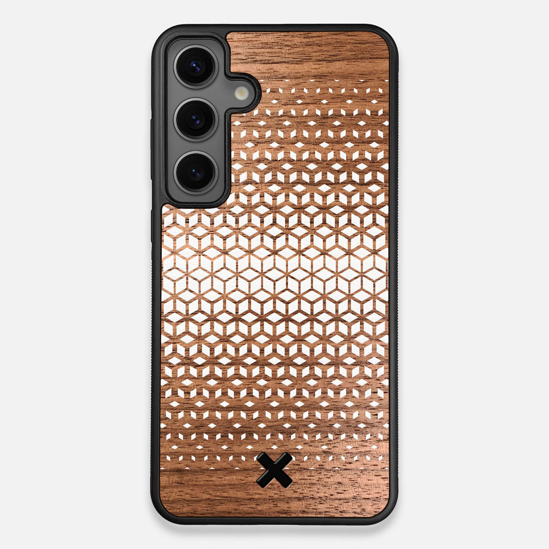 Front view of the white ink geometric gradient printed on Walnut wood Galaxy S24+ Case by Keyway Designs