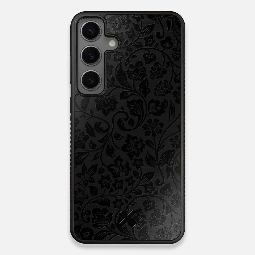 Front view of the highly detailed midnight floral engraving on matte black impact acrylic Galaxy S24 Plus Case by Keyway Designs