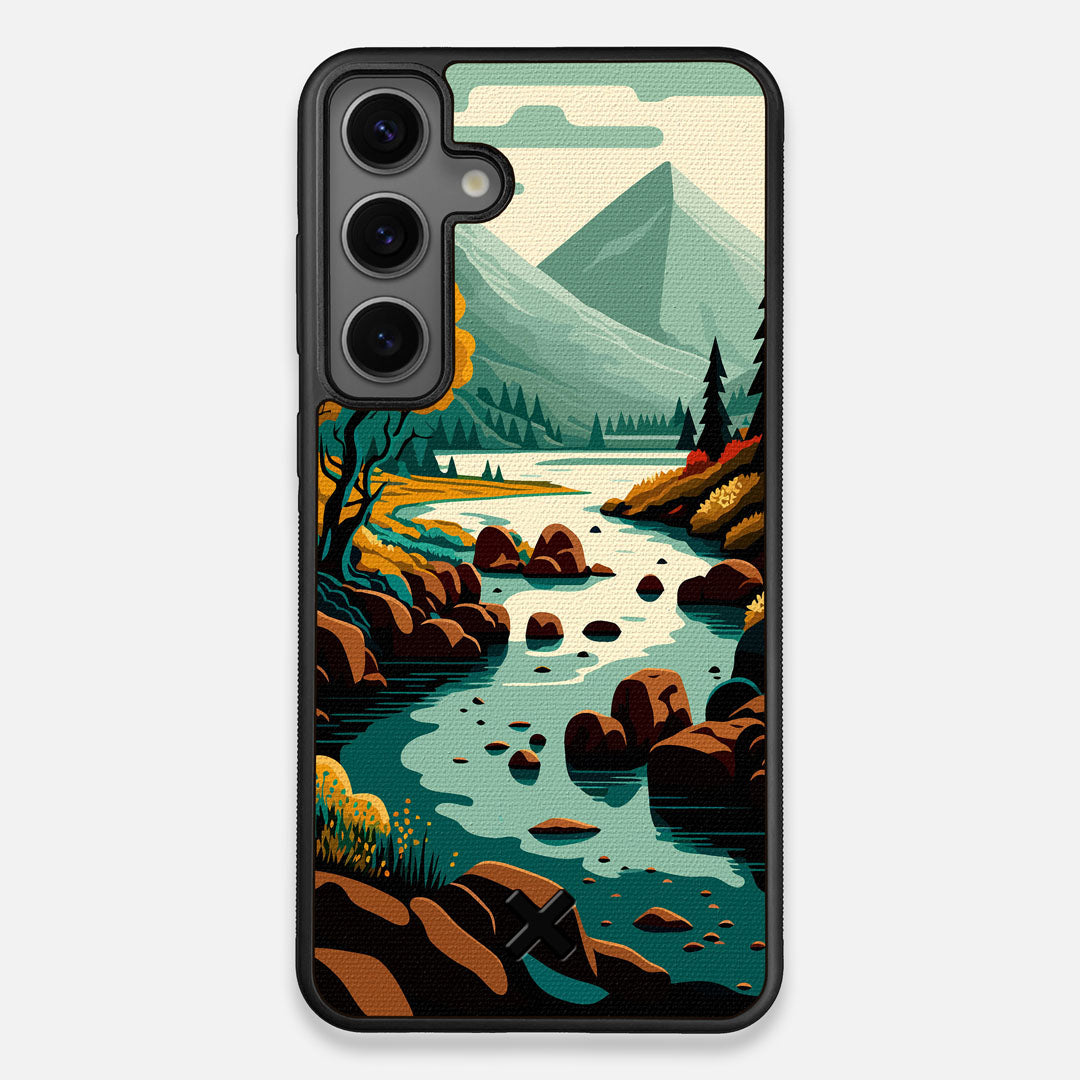 Front view of the stylized calm river flowing towards a lake at the base of the mountains printed to cotton canvas Galaxy S24+ Case by Keyway Designs