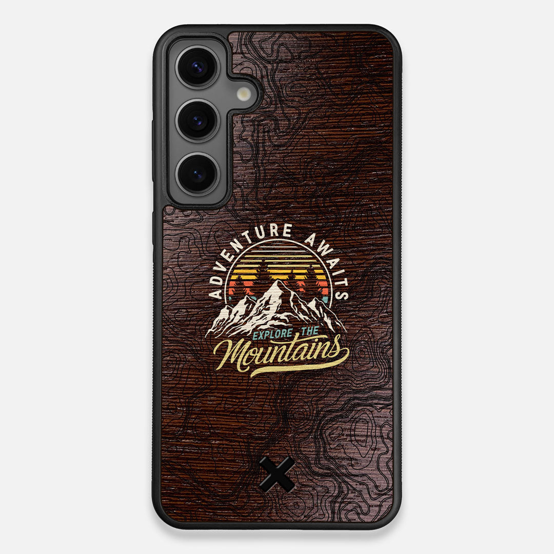 Front view of the crisp topographical map with Explorer badge printed on wenge wood Galaxy S24+ Case by Keyway Designs