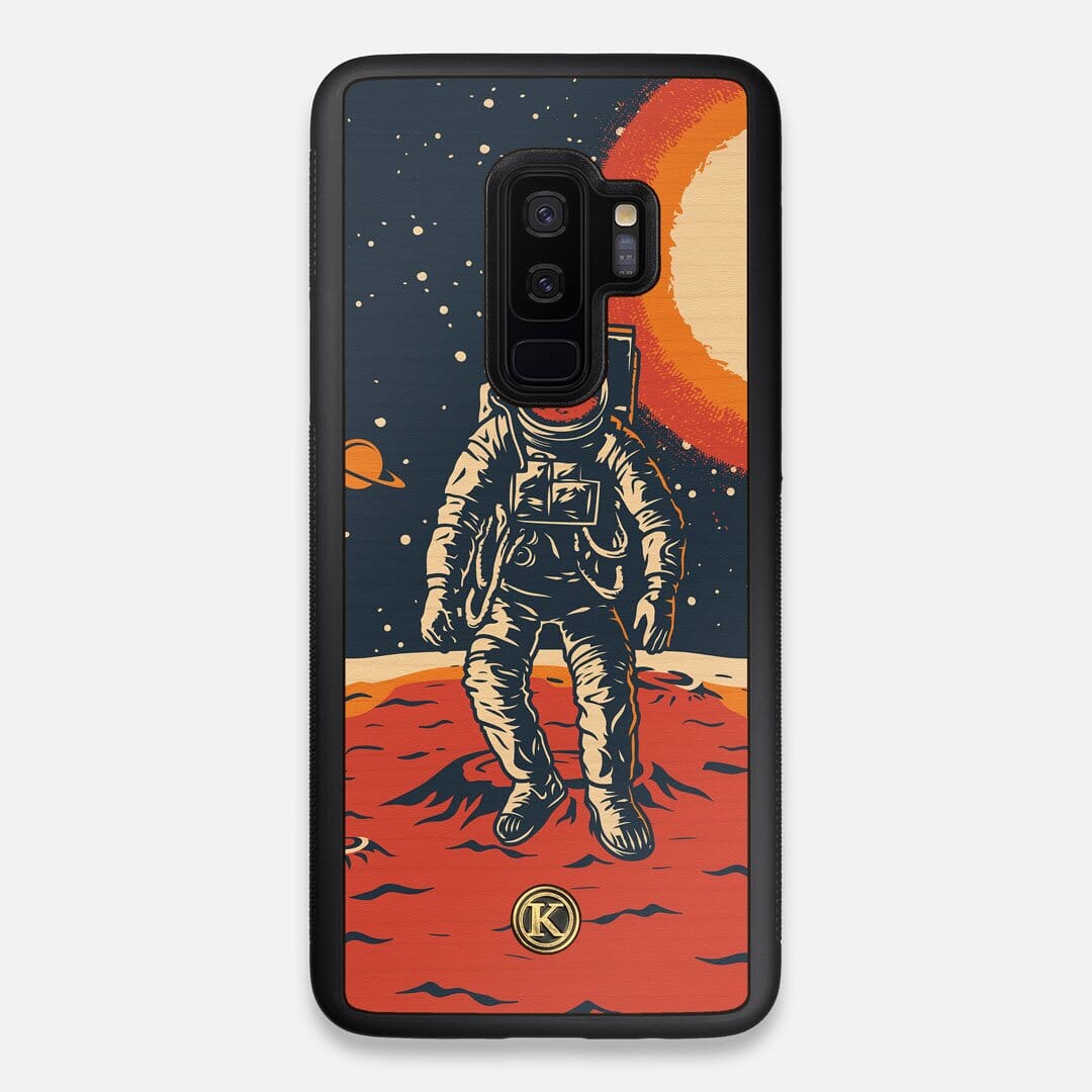 Front view of the stylized astronaut space-walk print on Cherry wood Galaxy S9+ Case by Keyway Designs