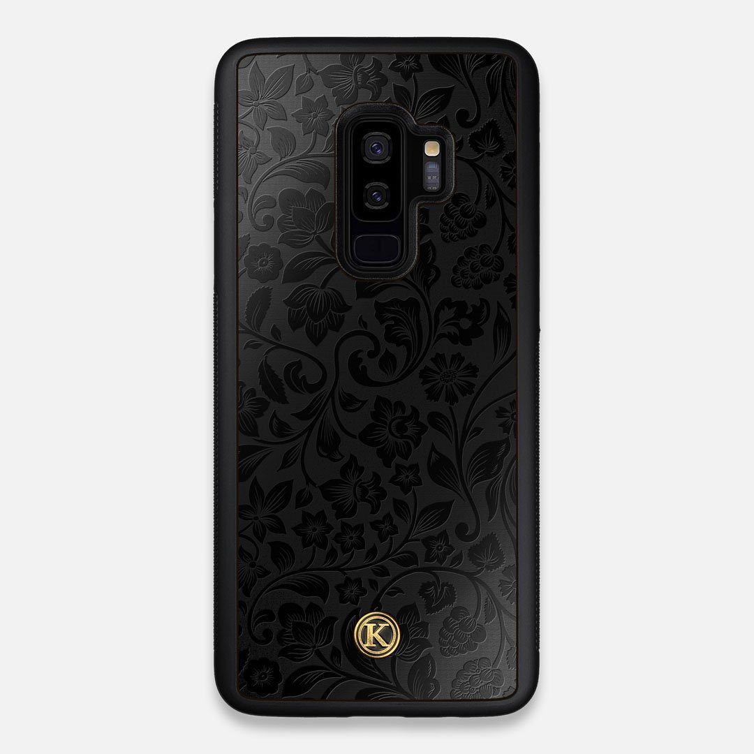Front view of the highly detailed midnight floral engraving on matte black impact acrylic Galaxy S9+ Case by Keyway Designs
