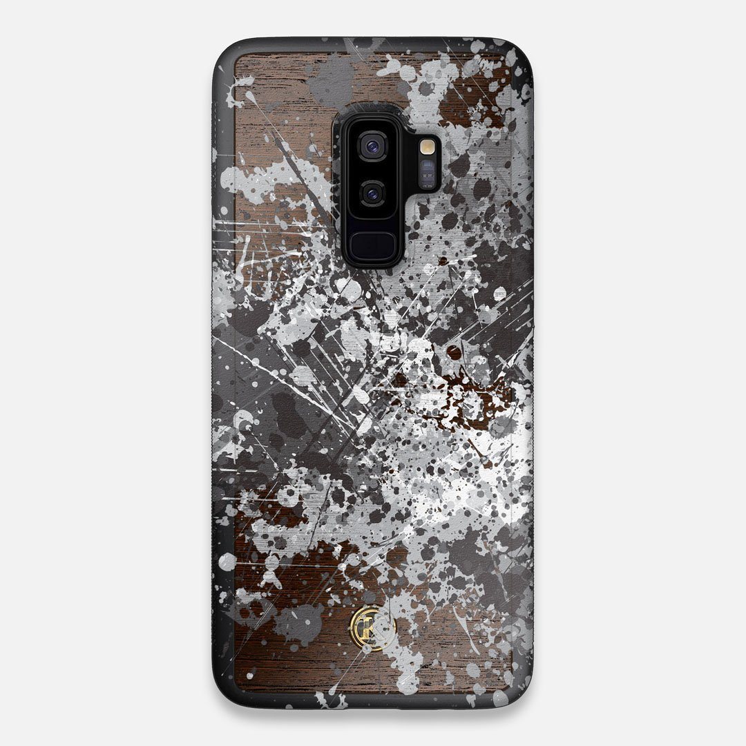 Front view of the aggressive, monochromatic splatter pattern overprintedprinted Wenge Wood Galaxy S9+ Case by Keyway Designs
