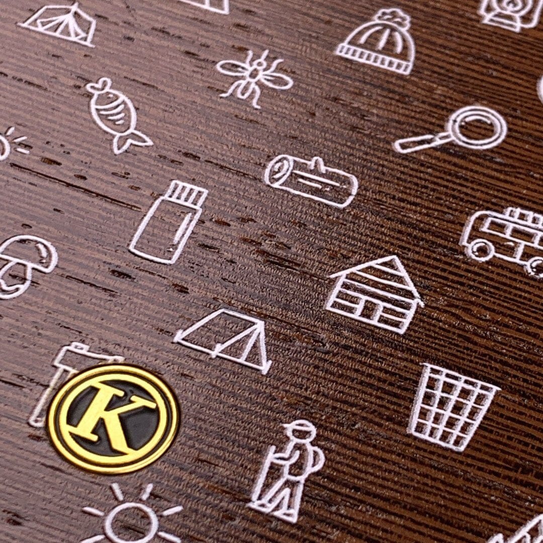 Zoomed in detailed shot of the fun detailed camping icon print on Wenge wood iPhone XS Max Case by Keyway Designs