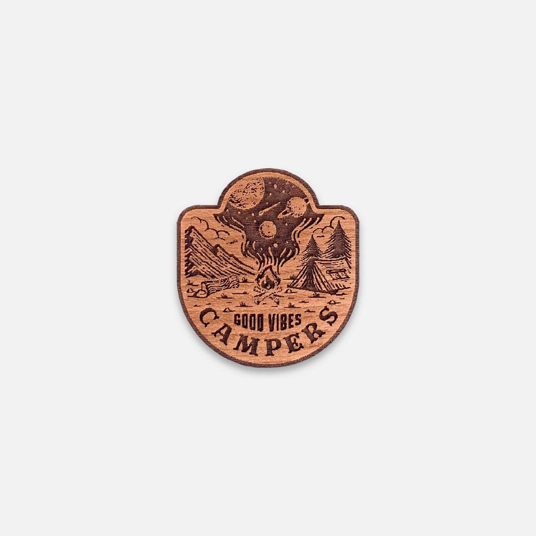Good Vibes - Keyway Engraved Wooden Pin in Cherry, Front View