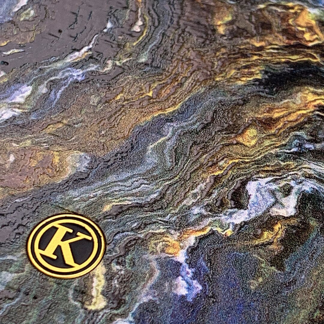 Zoomed in detailed shot of the vibrant and rich Blue & Gold flowing marble pattern printed Wenge Wood Galaxy S20 Case by Keyway Designs