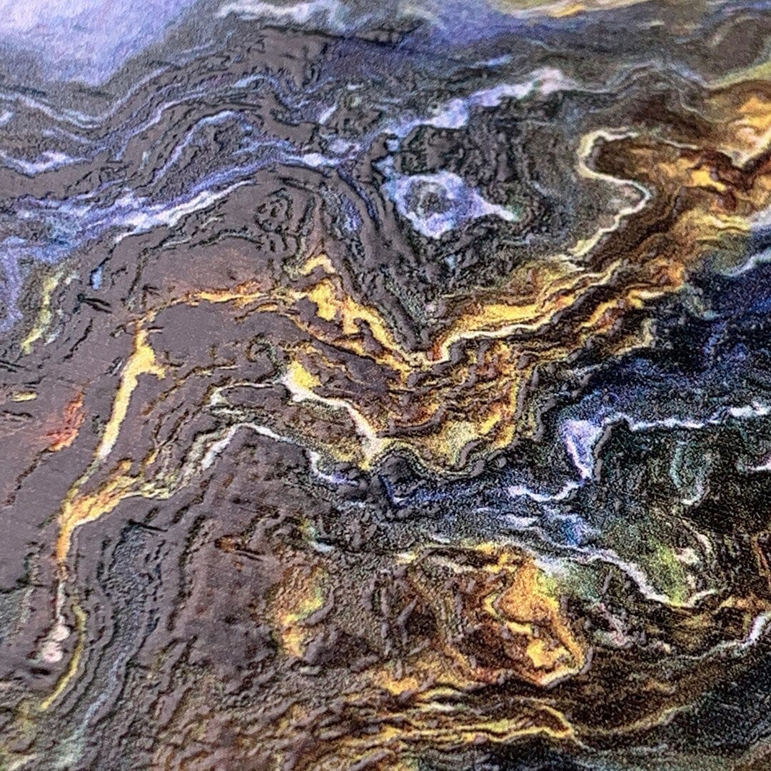 Zoomed in detailed shot of the vibrant and rich Blue & Gold flowing marble pattern printed Wenge Wood iPhone 15 Pro Max MagSafe Case by Keyway Designs
