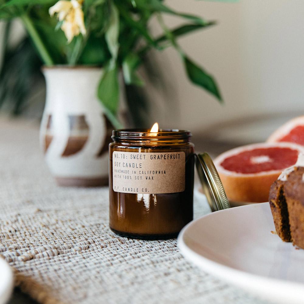 P.F. Candle - No.10: Sweet Grapefruit Soy Wax Jar Candle Lit Wick