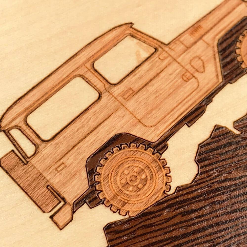 Zoomed in detailed shot of the Off-Road Wood iPhone 15 Pro Max MagSafe Case by Keyway Designs