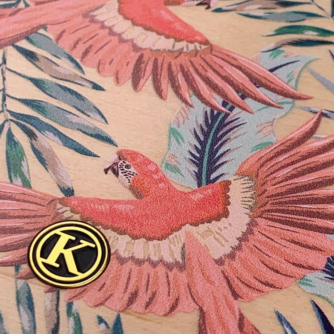 Zoomed in detailed shot of the Paradise Macaw and Tropical Leaf printed Maple Wood Galaxy S10e Case by Keyway Designs