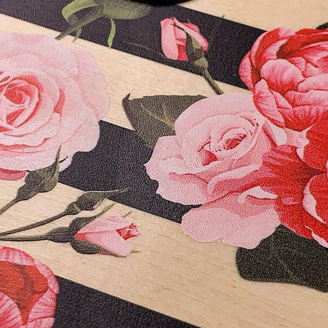 Zoomed in detailed shot of the artsy print of stripes with peonys and roses on Maple wood Galaxy S24 Case by Keyway Designs