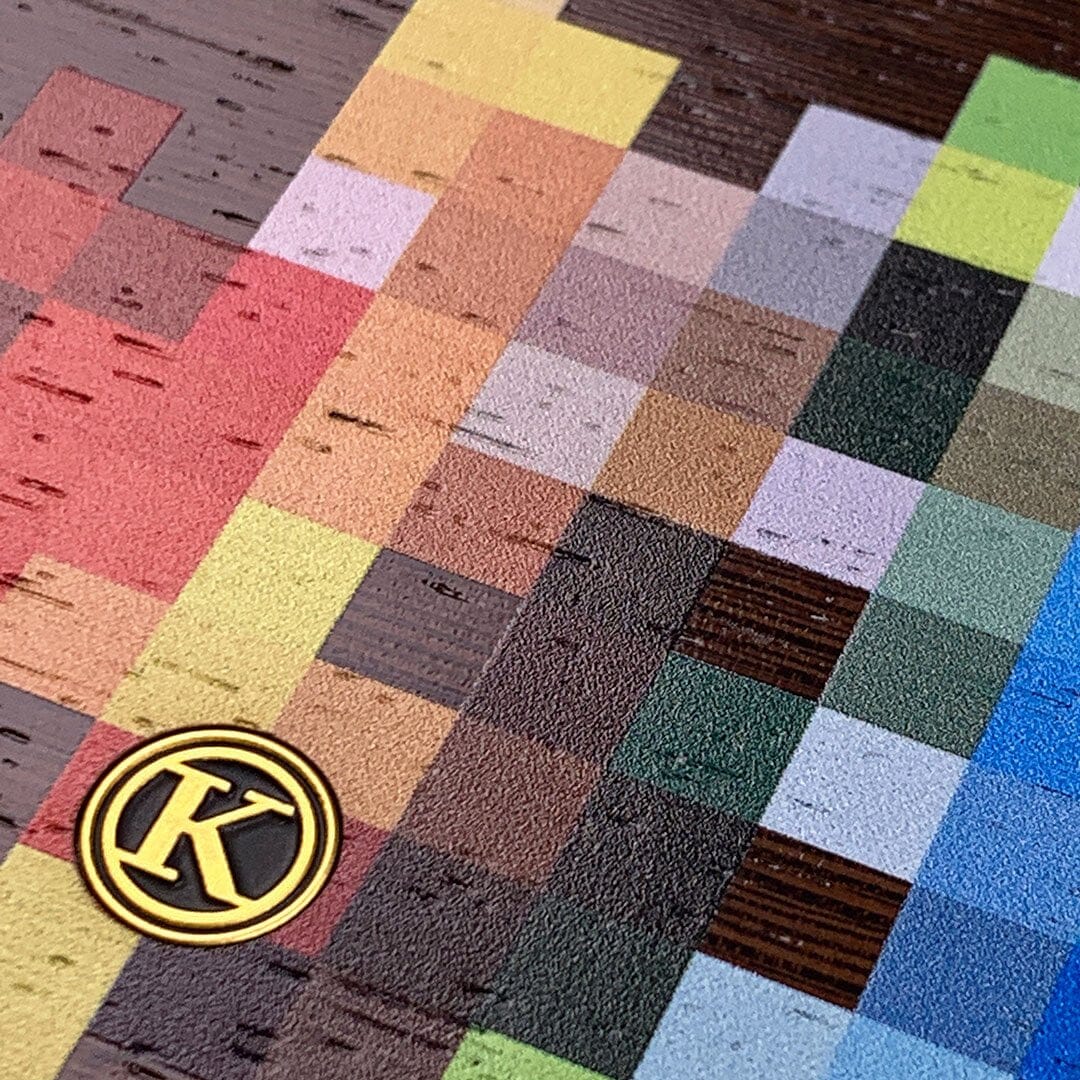 Zoomed in detailed shot of the digital art inspired pixelation design on Wenge wood Galaxy S10e Case by Keyway Designs
