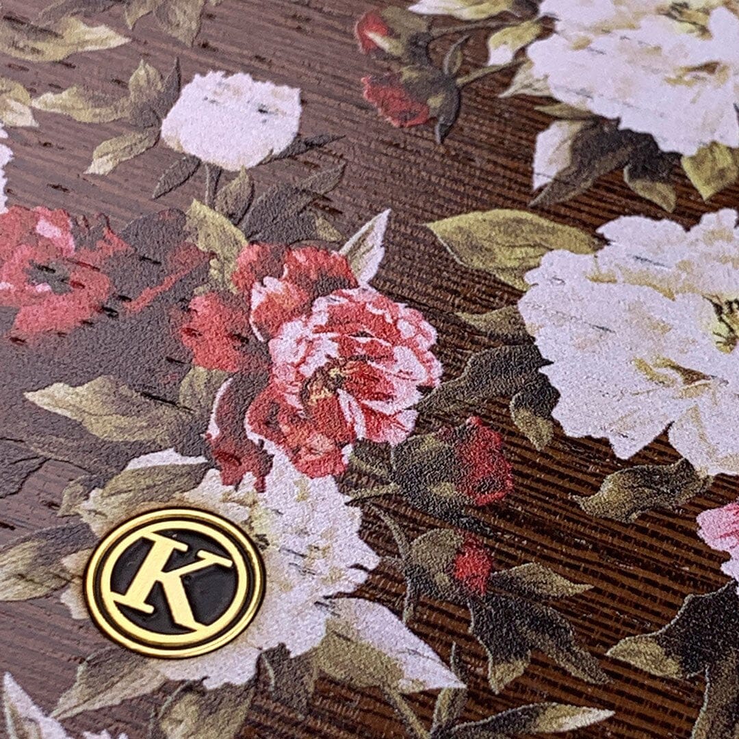 Zoomed in detailed shot of the Rose white and red rose printed Wenge Wood Galaxy S21 Ultra Case by Keyway Designs