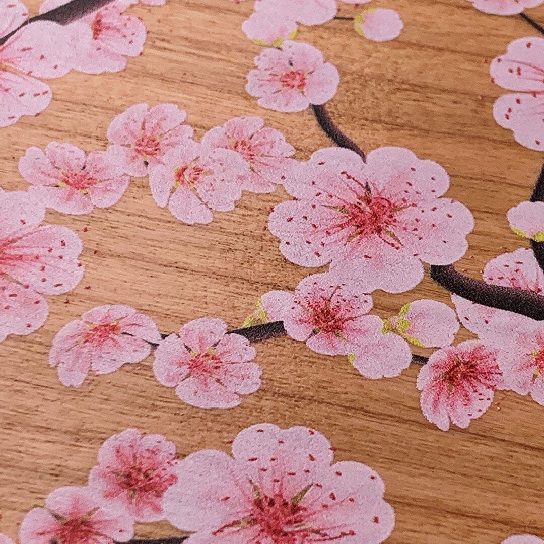 Zoomed in detailed shot of the Sakura Printed Cherry-blossom Cherry Wood iPhone 15 Pro Max MagSafe Case by Keyway Designs