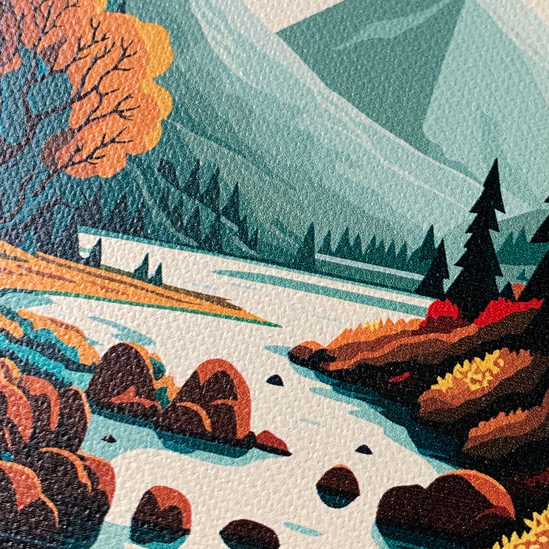 Zoomed in detailed shot of the stylized calm river flowing towards a lake at the base of the mountains printed to cotton canvas iPhone 14 Plus MagSafe Case by Keyway Designs