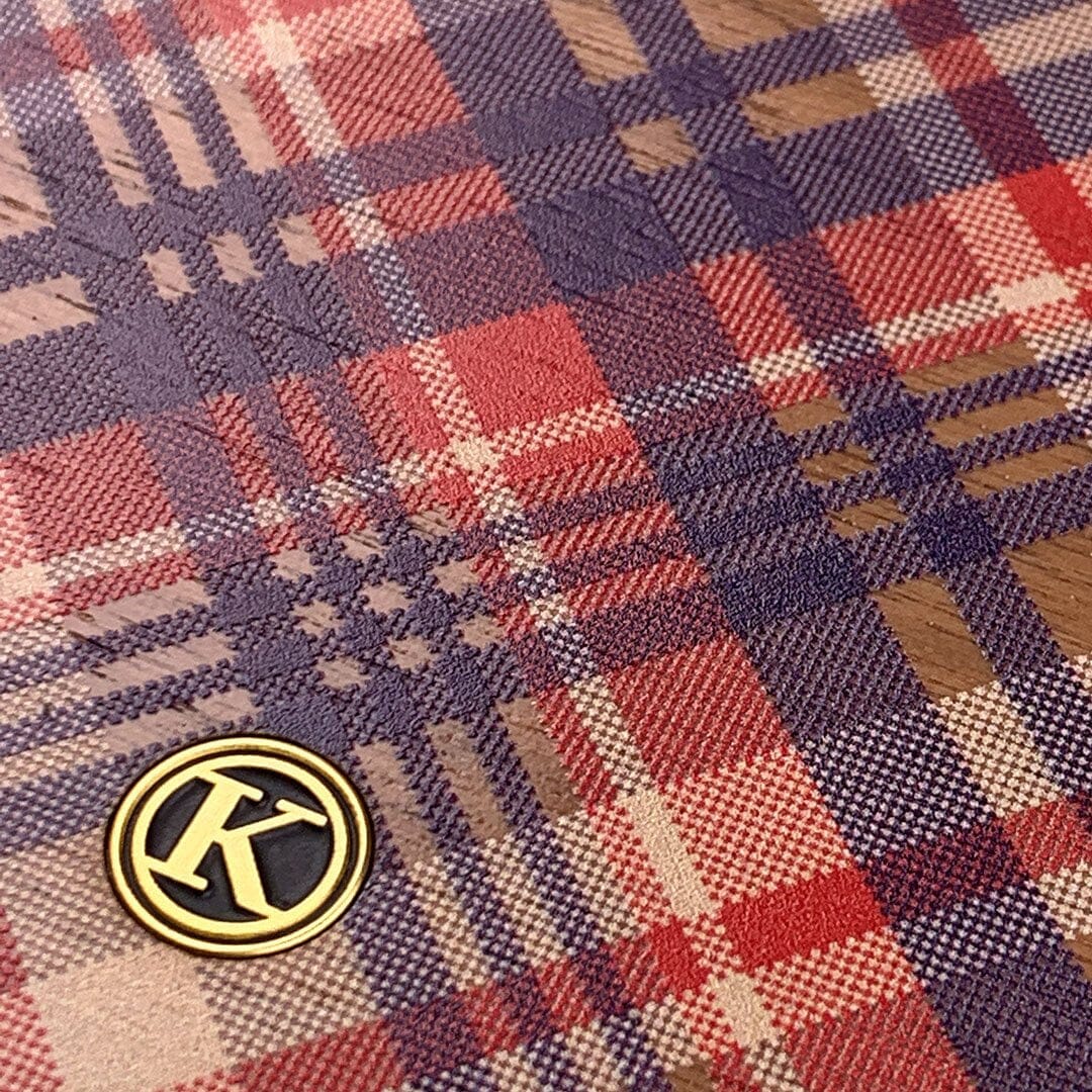 Zoomed in detailed shot of the Tartan print of beige, blue, and red on Walnut wood Galaxy S21 Ultra Case by Keyway Designs