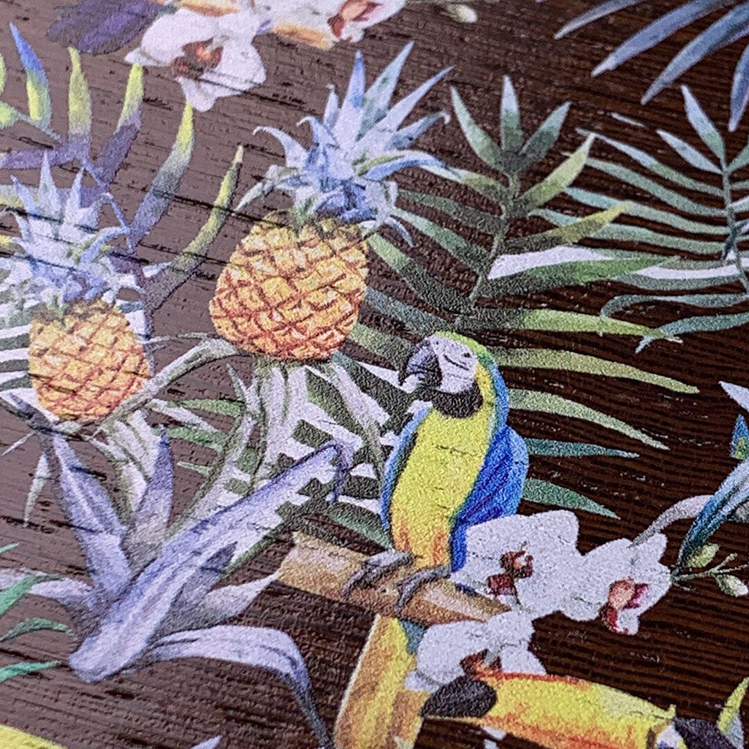 Zoomed in detailed shot of the Tropic Toucan and leaf printed Wenge Wood iPhone 7/8 Case by Keyway Designs