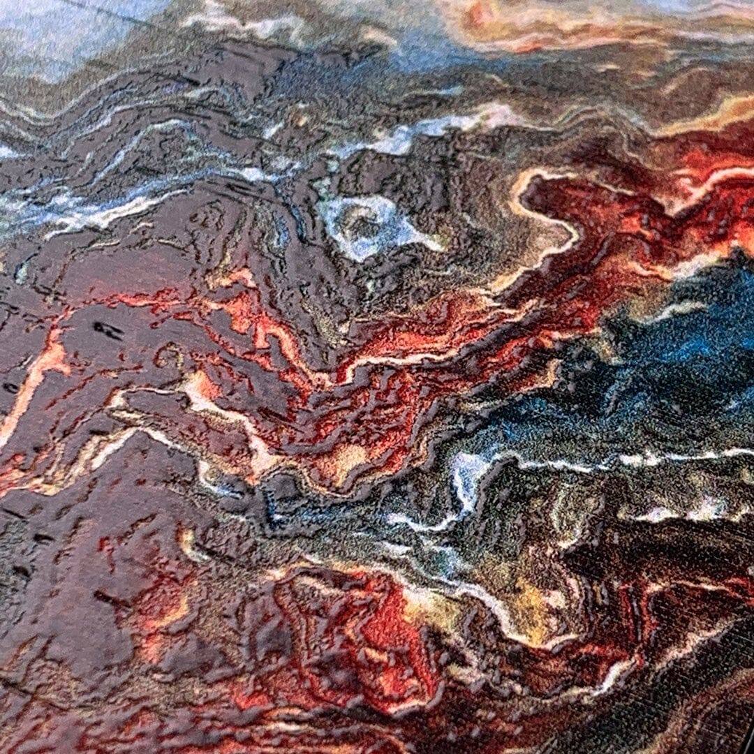 Zoomed in detailed shot of the vibrant and rich Red & Green flowing marble pattern printed Wenge Wood iPhone 15 Pro Max MagSafe Case by Keyway Designs