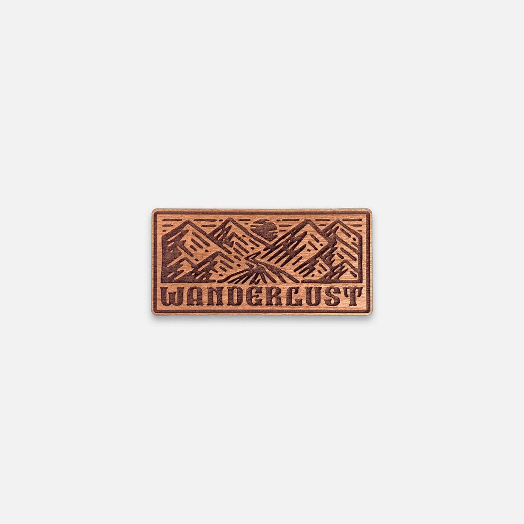 Wanderlust - Keyway Engraved Wooden Pin in Cherry, Front View