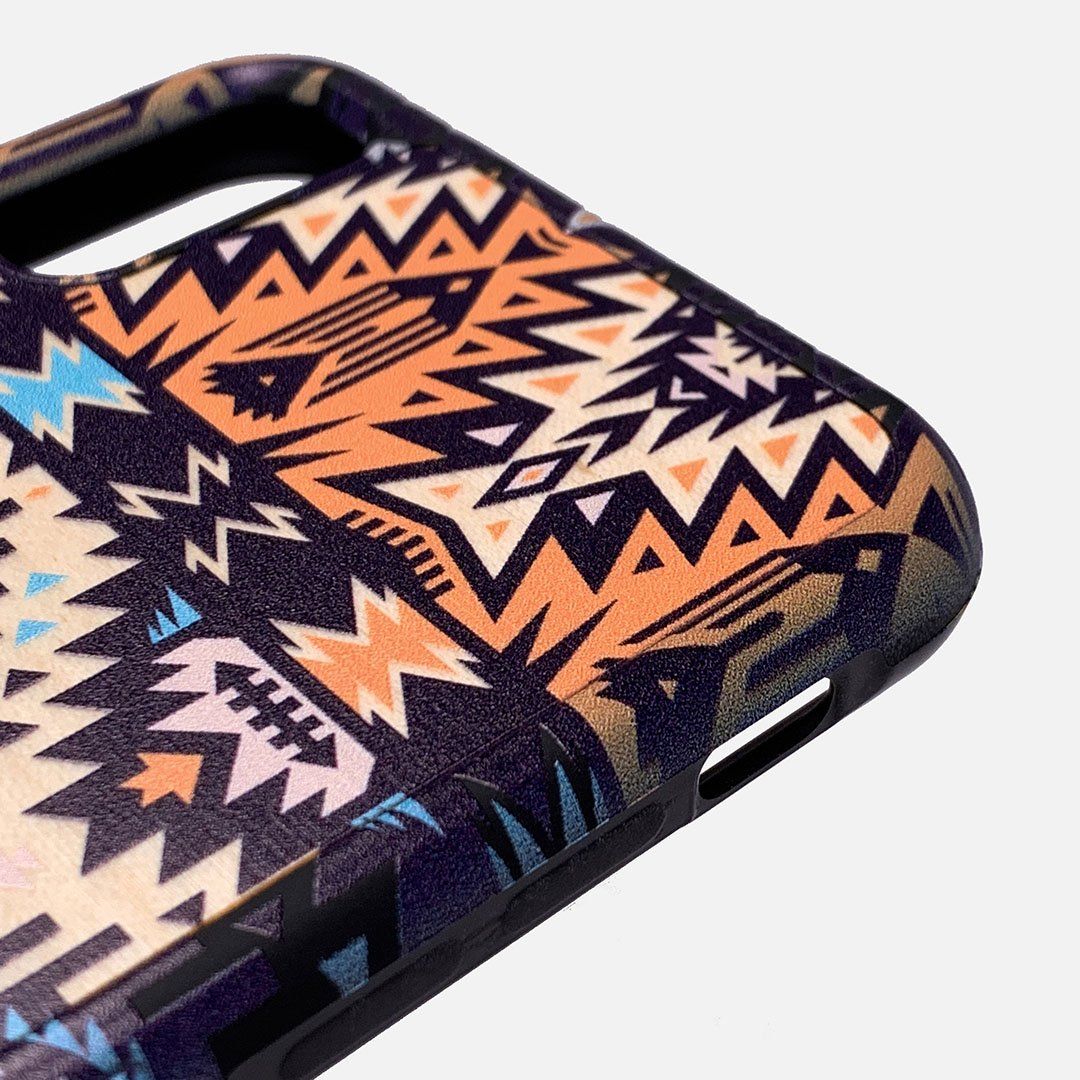 Zoomed in detailed shot of the vibrant Aztec printed Maple Wood iPhone 7/8 Case by Keyway Designs