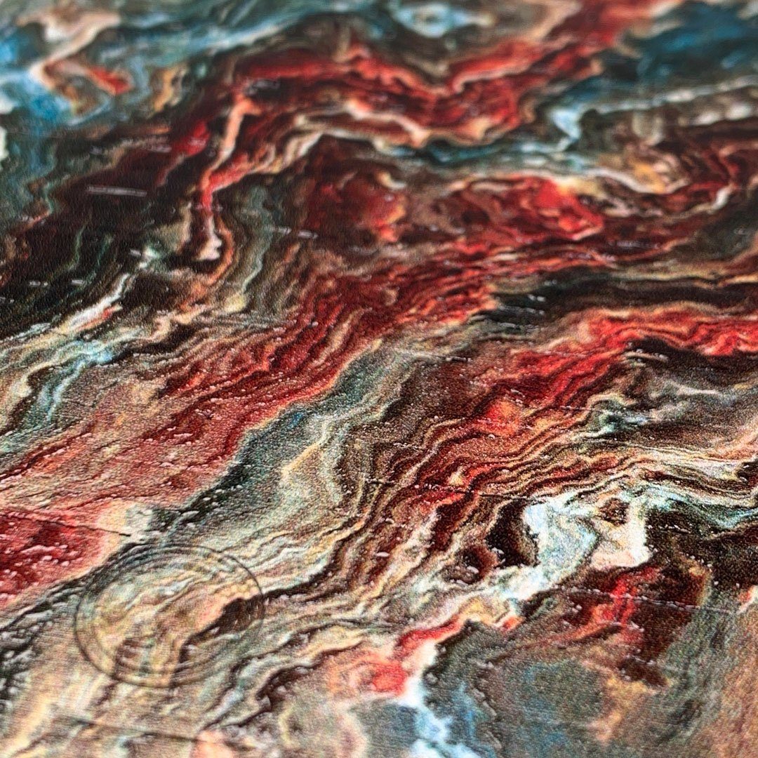 Zoomed in detailed shot of the vibrant and rich Red & Green flowing marble pattern printed Wenge Wood iPhone 6 Case by Keyway Designs