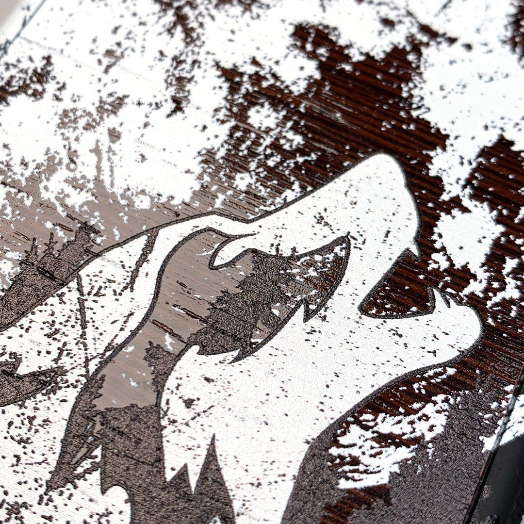 Zoomed in detailed shot of the high-contrast howling wolf on a full moon printed on a Wenge Wood Galaxy S20+ Case by Keyway Designs