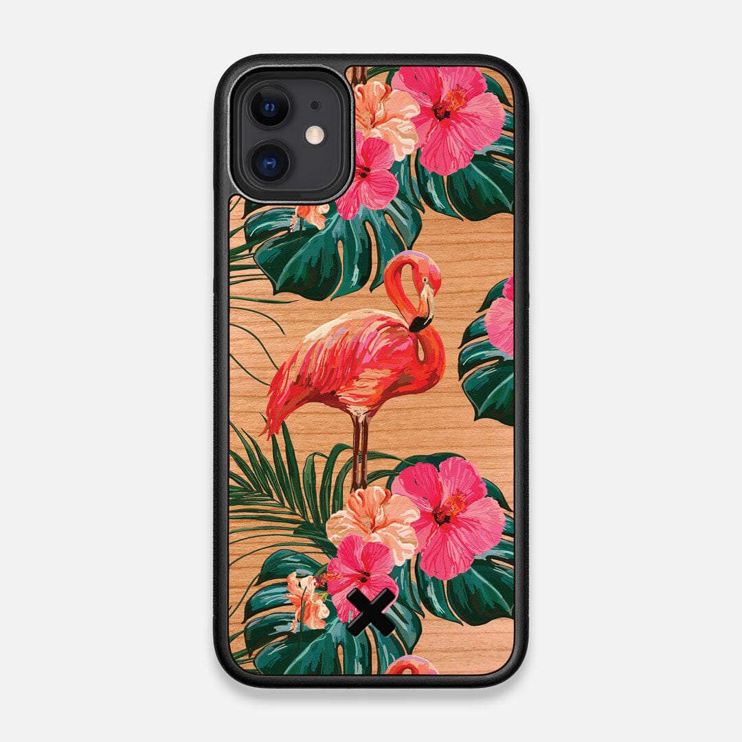 Front view of the Flamingo & Floral printed Cherry Wood iPhone 11 Case by Keyway Designs