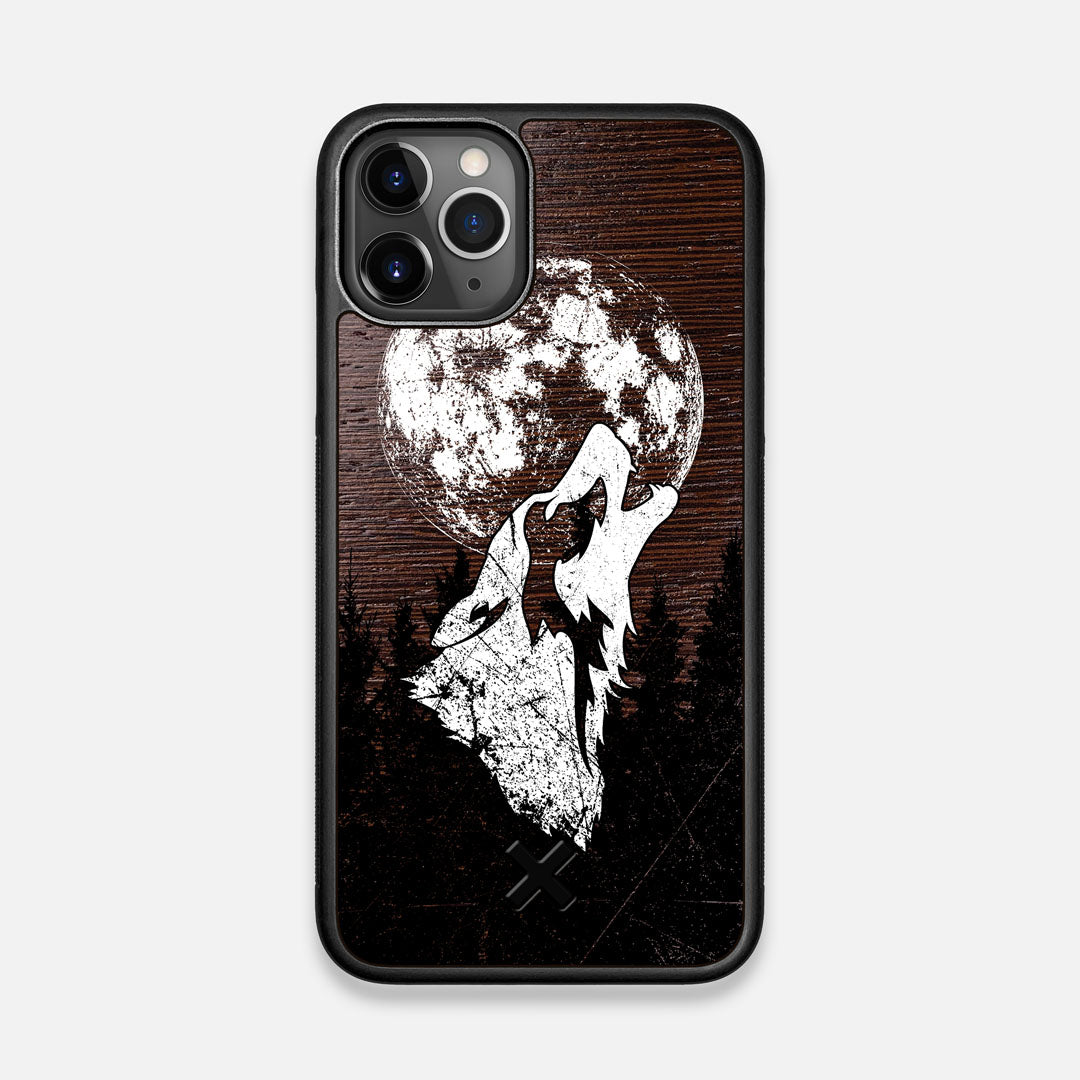 Front view of the high-contrast howling wolf on a full moon printed on a Wenge Wood iPhone 11 Pro Case by Keyway Designs