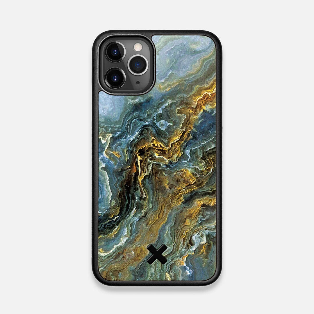 Front view of the vibrant and rich Blue & Gold flowing marble pattern printed Wenge Wood iPhone 11 Pro Case by Keyway Designs