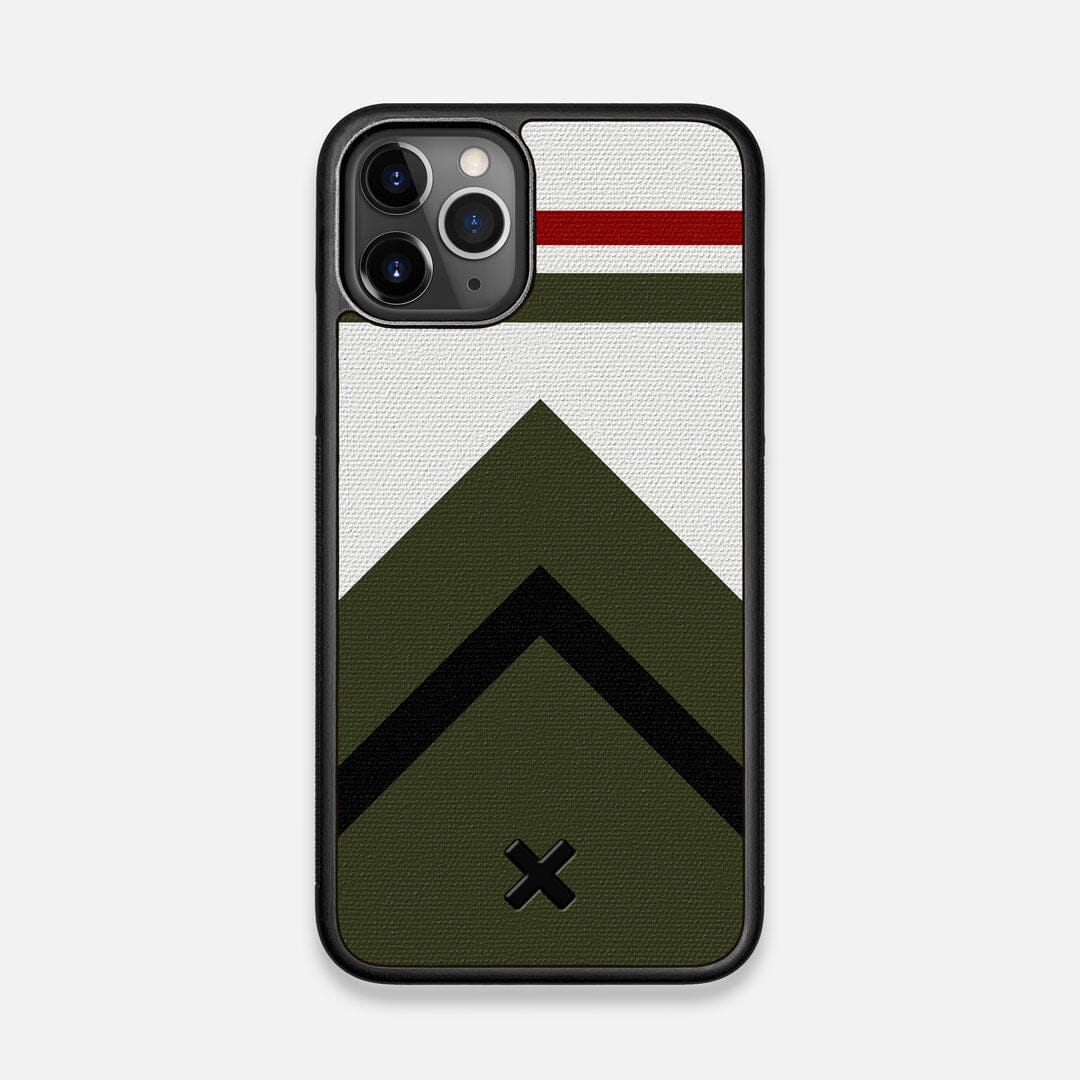 Front view of the Peak Adventure Marker in the Wayfinder series UV-Printed thick cotton canvas iPhone 11 Pro Case by Keyway Designs