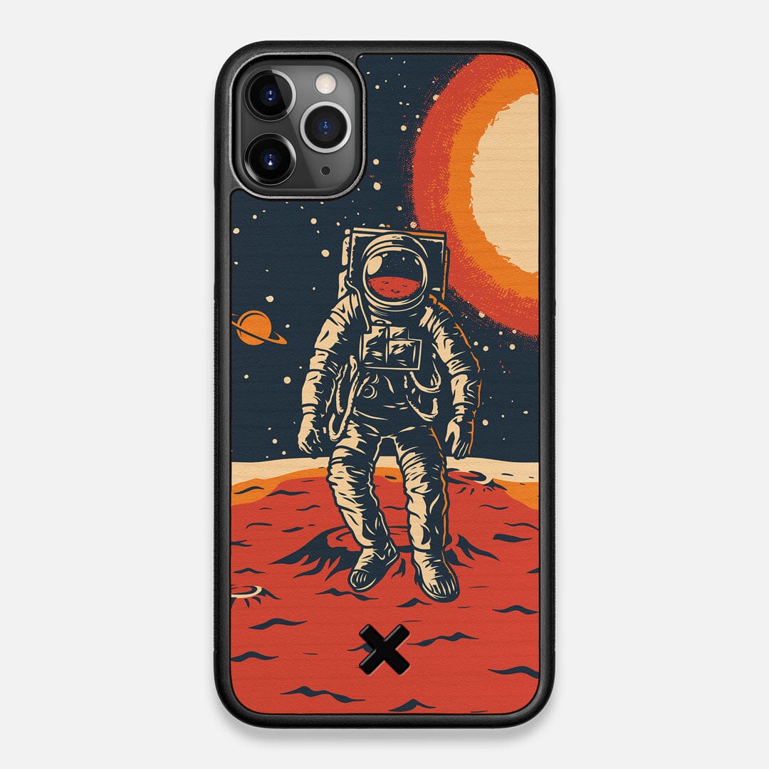 Front view of the stylized astronaut space-walk print on Cherry wood iPhone 11 Pro Max Case by Keyway Designs