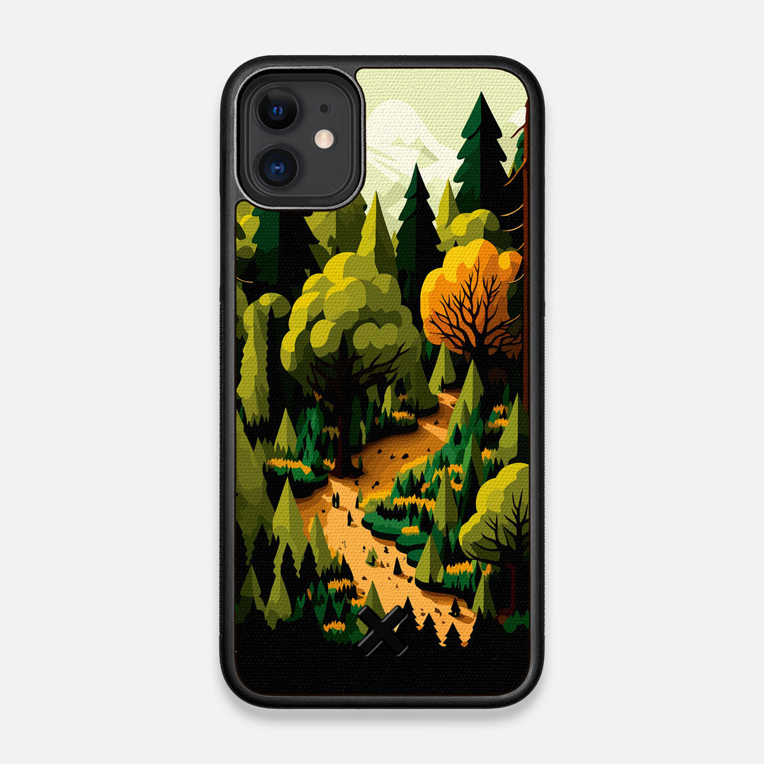 Front view of the stylized quiet forest path making it's way through the evergreen trees printed to cotton canvas iPhone 11 Case by Keyway Designs