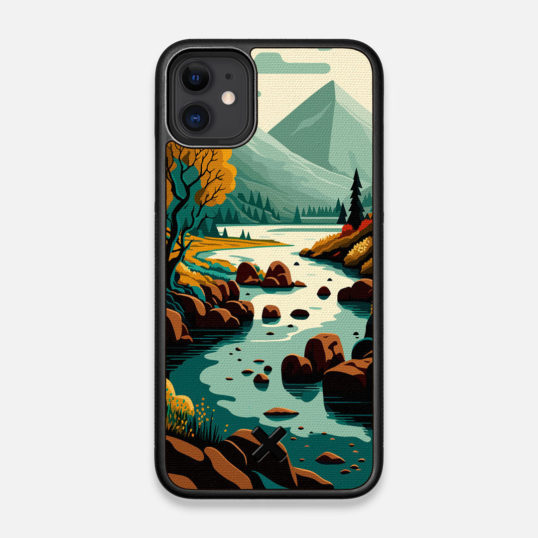 Front view of the stylized calm river flowing towards a lake at the base of the mountains printed to cotton canvas iPhone 11 Case by Keyway Designs