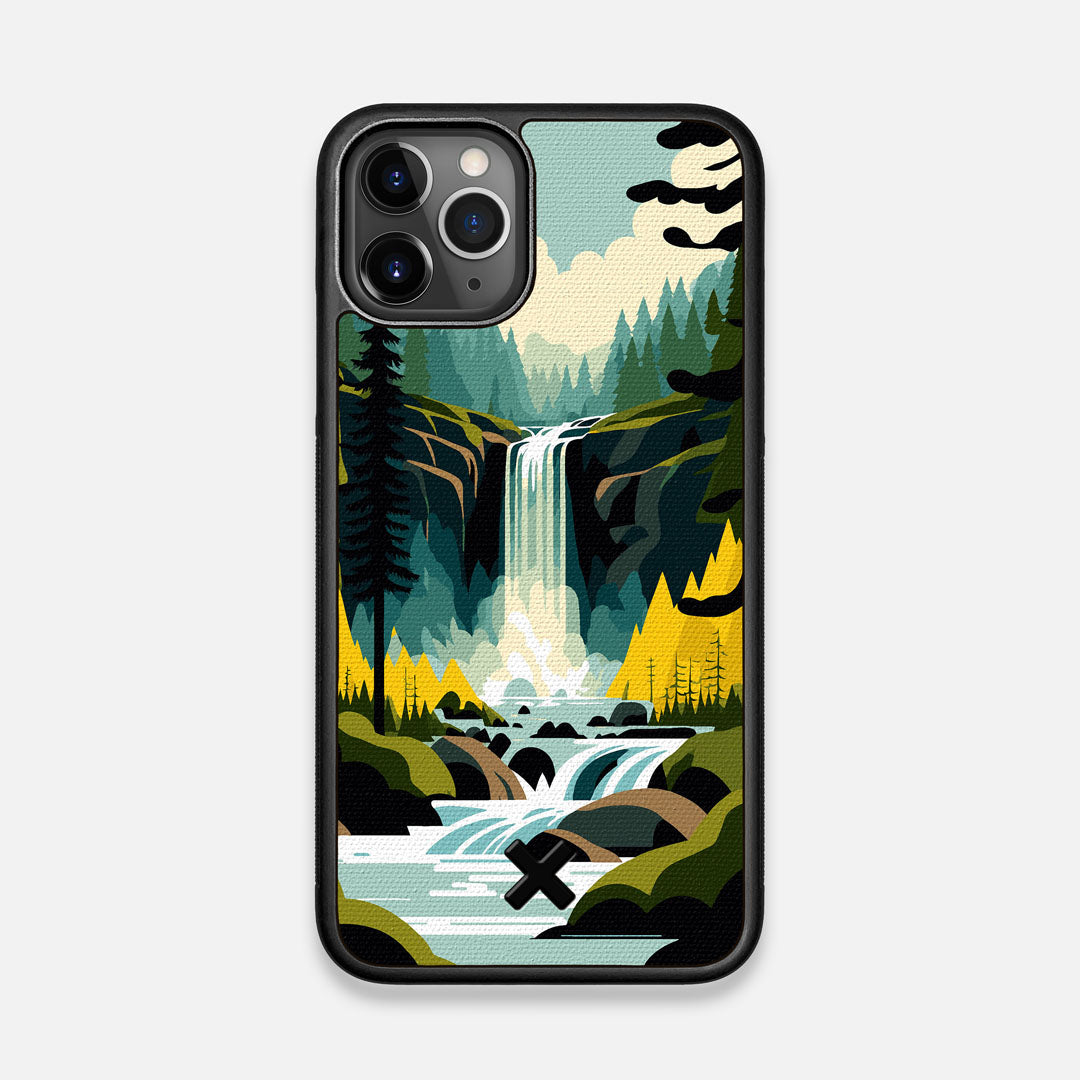 Front view of the stylized peaceful forest waterfall making it's way through the rocks printed to cotton canvas iPhone 11 Pro Case by Keyway Designs