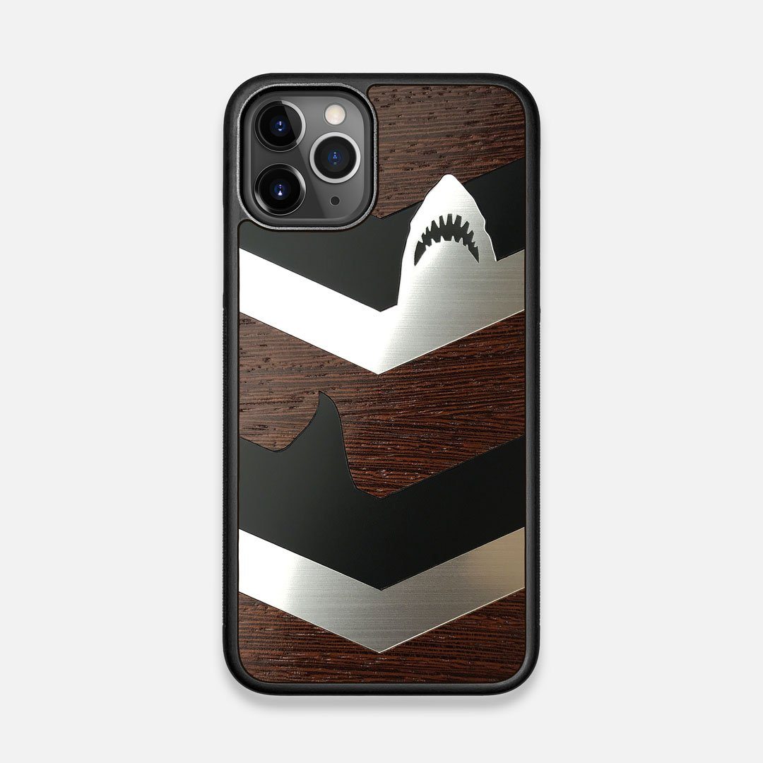 Front view of the Shark Chevron Dark By Parker Barrow Wenge Wood iPhone 11 Pro Case by Keyway Designs